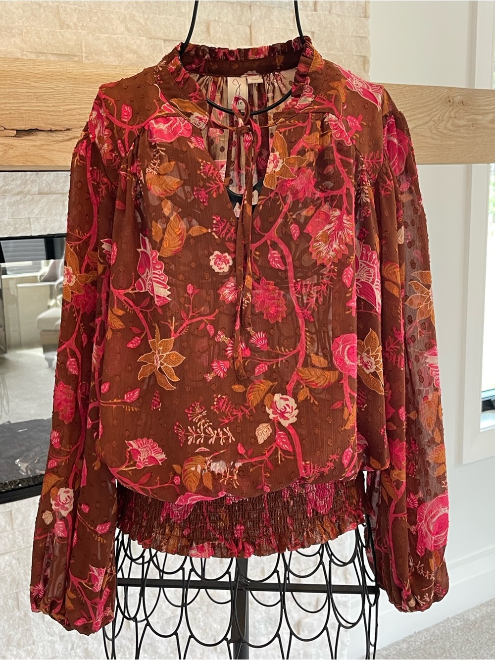 Jolie Brown Blouse with Pink Floral Print